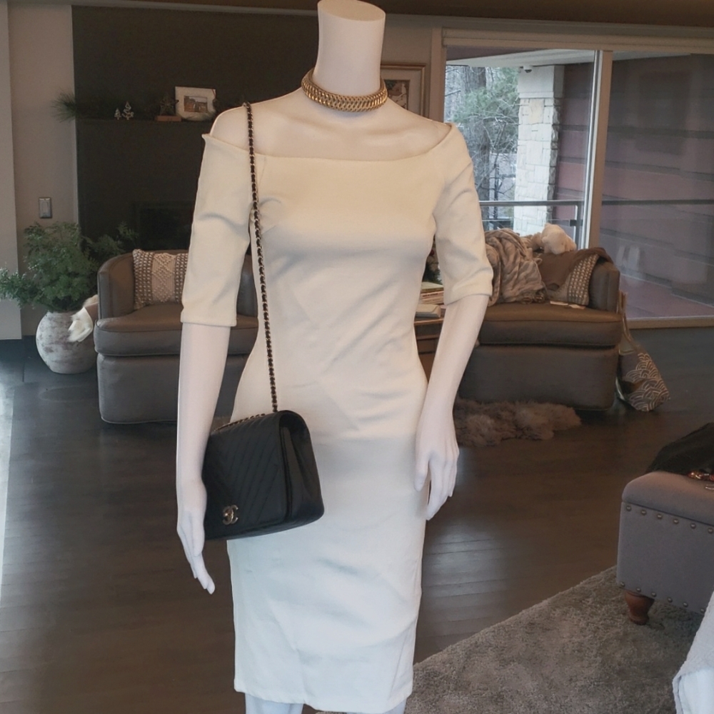 Cream off the shoulder pencil dress